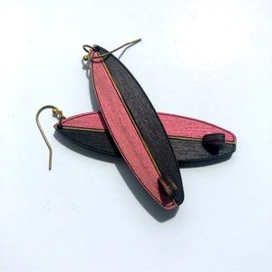 Surfboard Earrings | Lightweight wood | hand painted charcoal/pink. Each unique